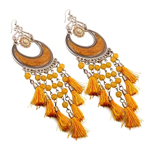 Stylish Oxidised Mustard Yellow Tassels Earrings for Women and Girls, 2 image
