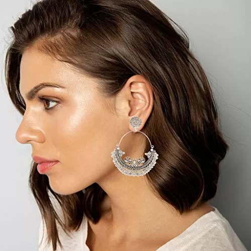 Bollywood celebrity Anushka inspired big traditional German Silver Oxidised chandbali Dangle Drop Earrings for women and girls, 2 image