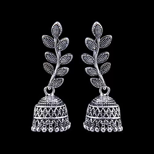 Indian Traditional Antique Leaf Pattern Oxidised Silver Earrings for Women, 2 image