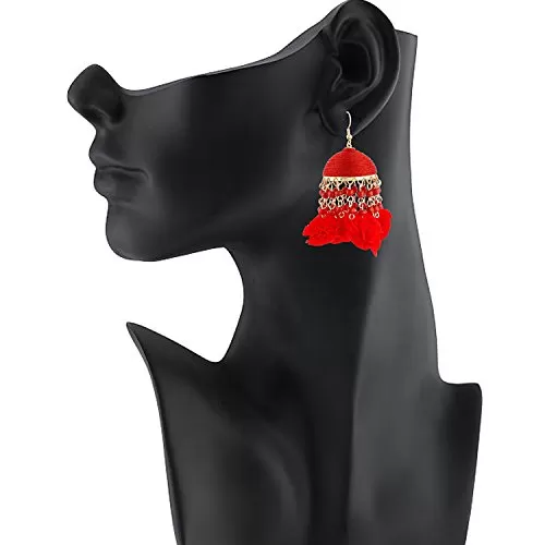 Designer Red Colour Dangle and Drop Pom Pom Earrings for Women & Girls, 2 image