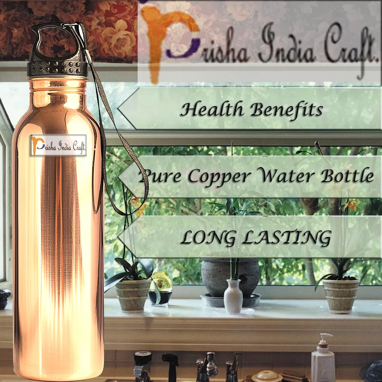 Pure Copper Water Bottle with Plastic Loop Cap Handmade Joint Free & Leak Proof Sports,Gym,Yoga Water Bottle | Capacity 900 ML Set of 2, 3 image