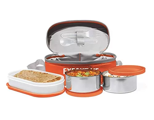 Executive Lunch Insulated Tiffin with 3 Leak-Proof Containers Orange Plastic/Stainless Steel21 in & Copperas 1000 Copper Bottle 920 ml 1 Piece Copper Combo, 2 image