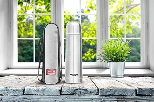 MILTON Thermosteel Flip Lid Flask 500 millilitres Silver & Atlantis 600 Thermosteel Water Bottle 500 ml Black Combo, 3 image