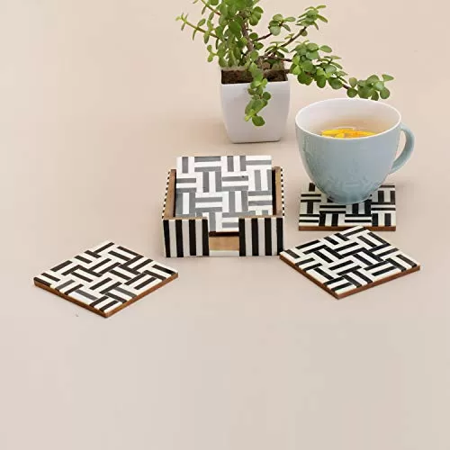 Table Coasters Set for Home with Stand Unbreakable with Pattern Design for Cups Mugs Glasses | Wood with Resin | Black & White | Set of 4 Coasters + 1 Stand, 2 image
