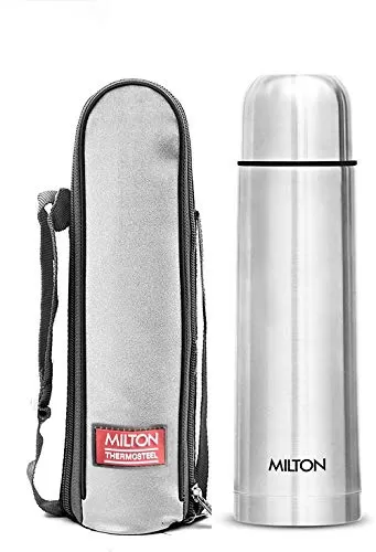 MILTON Thermosteel Duo Deluxe-1000 Bottle Style Vacuum Flask 1 Litre Silver + Thermosteel Plain Lid Flask 500 Steel Colour, 6 image