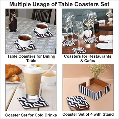 Table Coasters Set for Home with Stand Unbreakable with Pattern Design for Cups Mugs Glasses | Wood with Resin | Black & White | Set of 4 Coasters + 1 Stand, 6 image