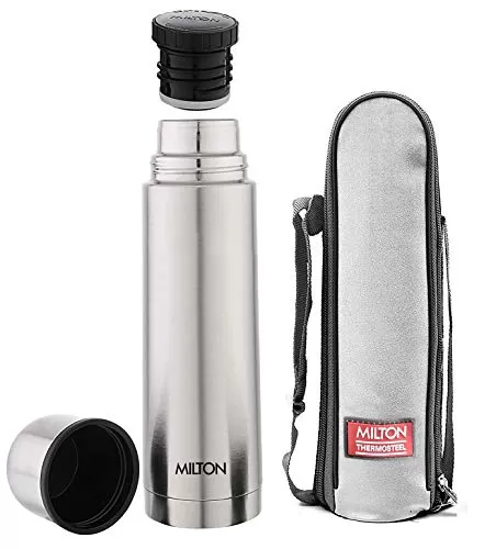 MILTON Thermosteel Duo Deluxe-1000 Bottle Style Vacuum Flask 1 Litre Silver + Thermosteel Plain Lid Flask 500 Steel Colour, 5 image