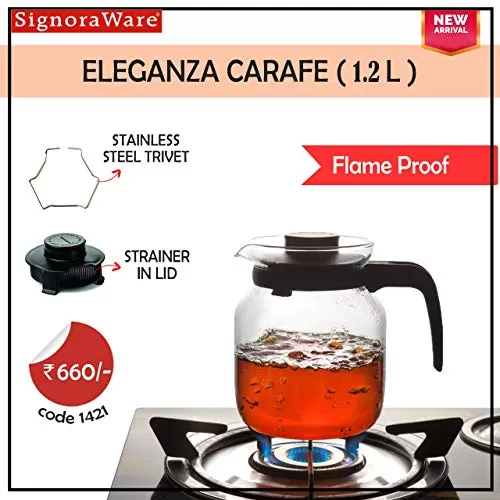 SignoraWare Eleganza Carafe Flame Proof Glass Kettle with Stainer 1.2 Litre Transparent, 2 image