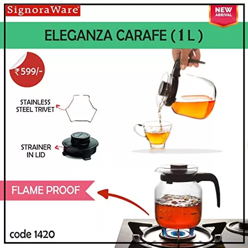 SignoraWare Eleganza Carafe Flame Proof Glass Kettle with Stainer 1 Litre Transparent, 4 image