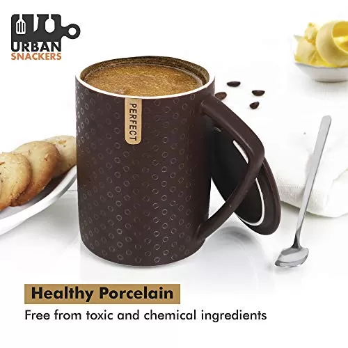 Premium Quality Porcelain Mug with Lid & Spoon for Coffee , Tea , Milk , Beverages 500 ML - Brown Color - Pack of 1, 2 image