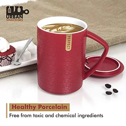 Premium Quality Porcelain Mug with Lid & Spoon for Coffee , Tea , Milk , Beverages 500 ML - Red Color - Pack of 1, 3 image