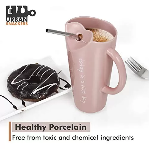 Premium Quality Porcelain Mug with Metal Straw for Coffee , Tea , Milk , Beverages 500 ML - Pink Color - Pack of 1, 2 image