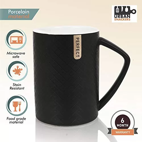 Premium Quality Porcelain Mug with Lid & Spoon for Coffee , Tea , Milk , Beverages 500 ML - Black Color - Pack of 1, 4 image