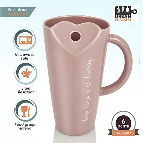 Premium Quality Porcelain Mug with Metal Straw for Coffee , Tea , Milk , Beverages 500 ML - Pink Color - Pack of 1, 4 image
