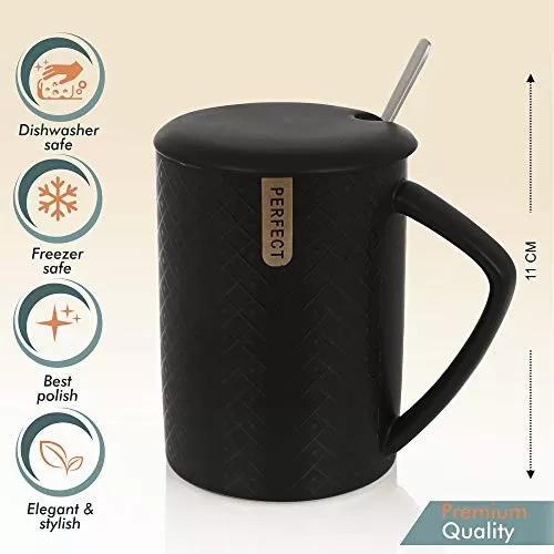 Premium Quality Porcelain Mug with Lid & Spoon for Coffee , Tea , Milk , Beverages 500 ML - Black Color - Pack of 1, 6 image