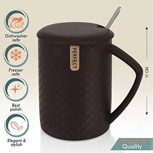 Premium Quality Porcelain Mug with Lid & Spoon for Coffee , Tea , Milk , Beverages 500 ML - Brown Color - Pack of 1, 4 image
