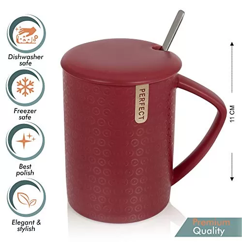 Premium Quality Porcelain Mug with Lid & Spoon for Coffee , Tea , Milk , Beverages 500 ML - Red Color - Pack of 1, 6 image