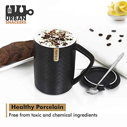 Premium Quality Porcelain Mug with Lid & Spoon for Coffee , Tea , Milk , Beverages 500 ML - Black Color - Pack of 1, 3 image