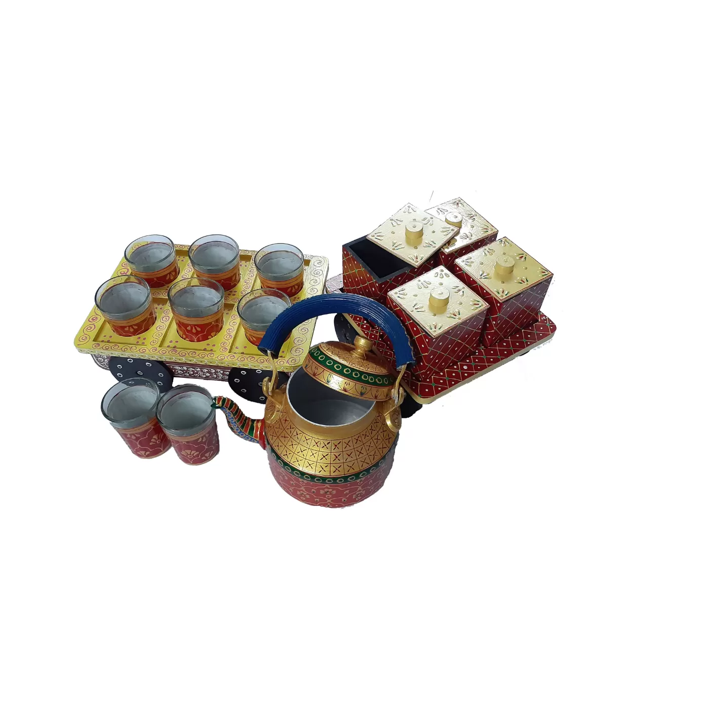 Multicolor Hand painted Aluminium Tea Kettle Set With 8 Glasses and Wooden dry fruits box., 4 image