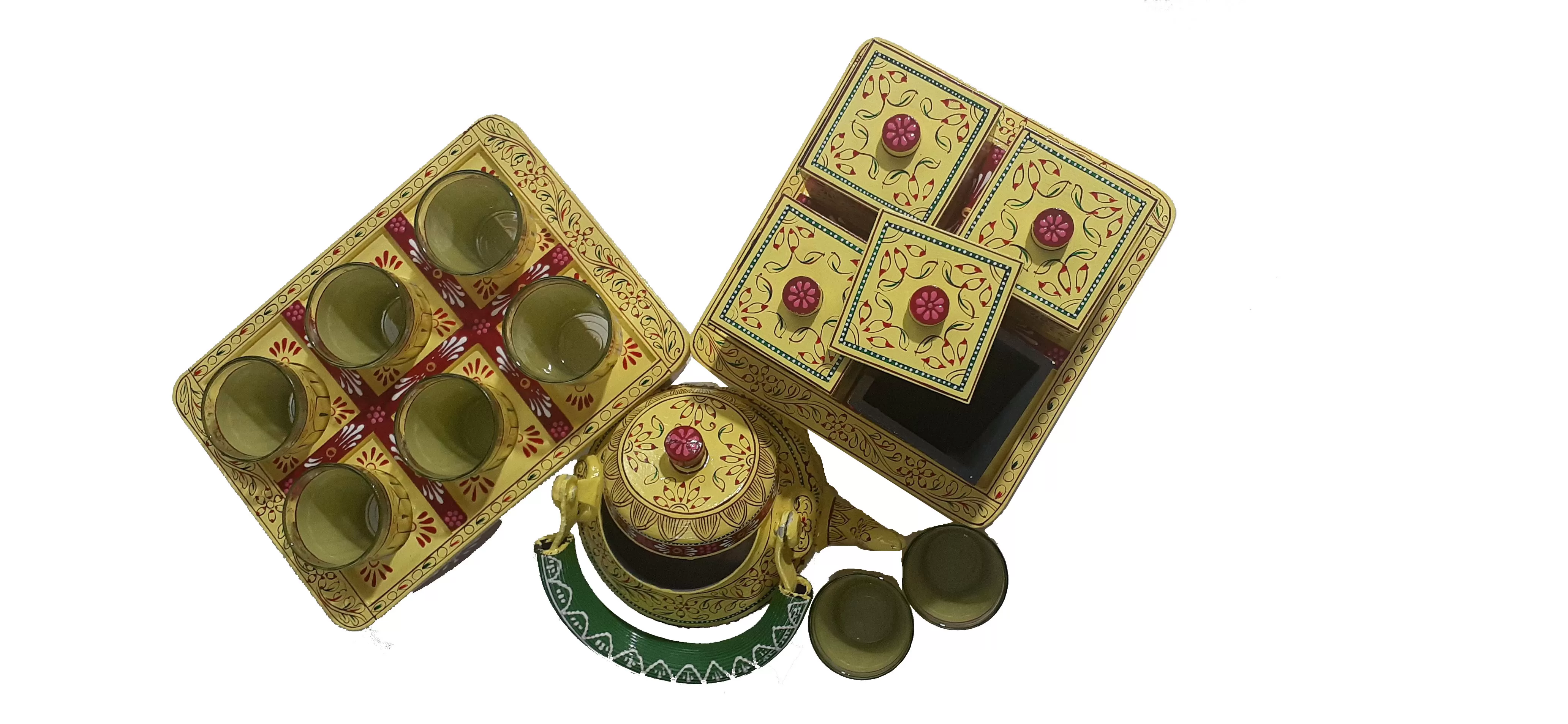 Multicolor Hand painted Aluminium Tea Kettle Set With 8 Glasses and Wooden dry fruits box., 3 image
