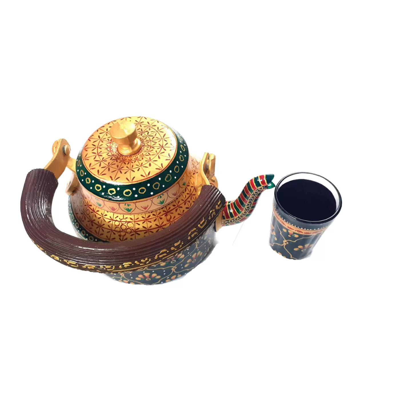 Multicolor Hand painted Aluminium Tea Kettle Set With 8 Glasses and Wooden dry fruits box., 4 image