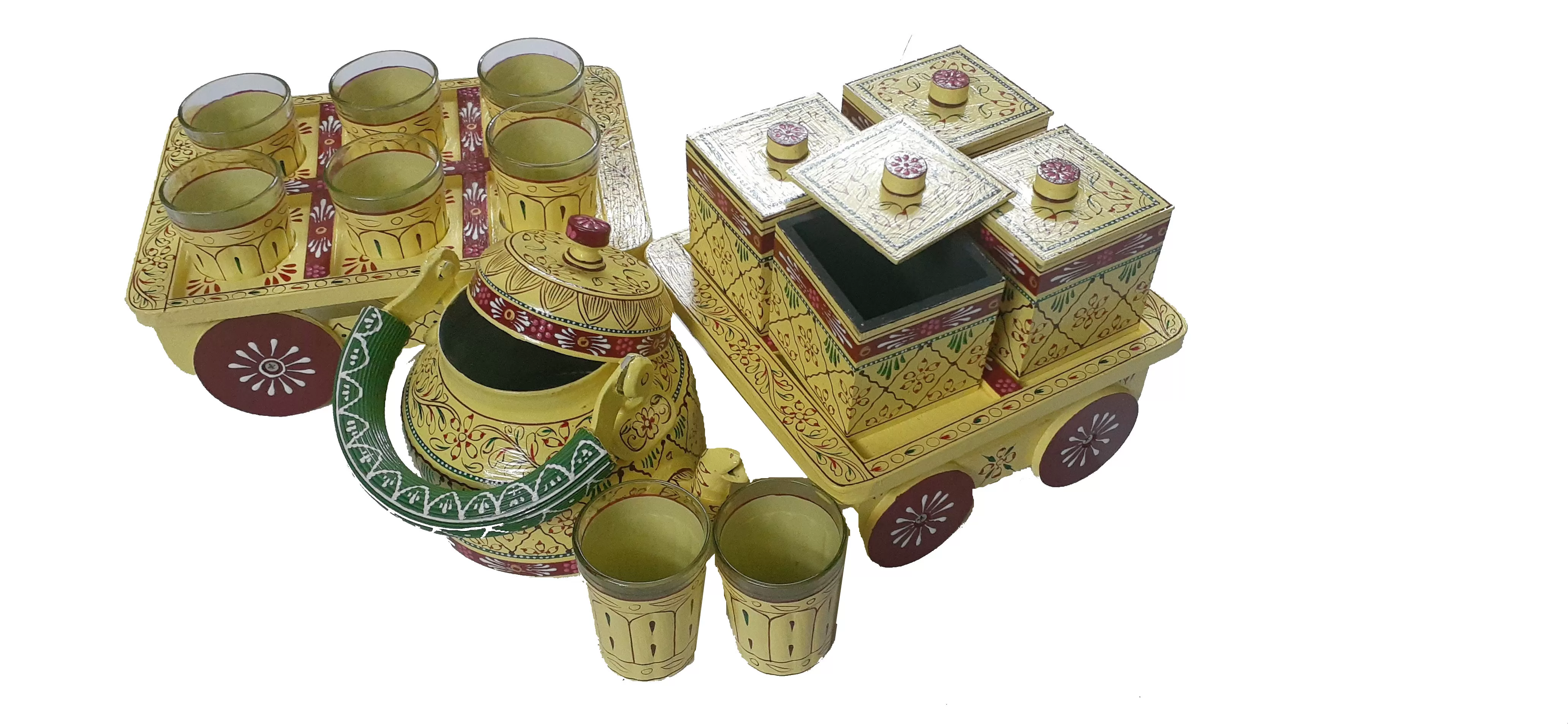 Multicolor Hand painted Aluminium Tea Kettle Set With 8 Glasses and Wooden dry fruits box., 5 image