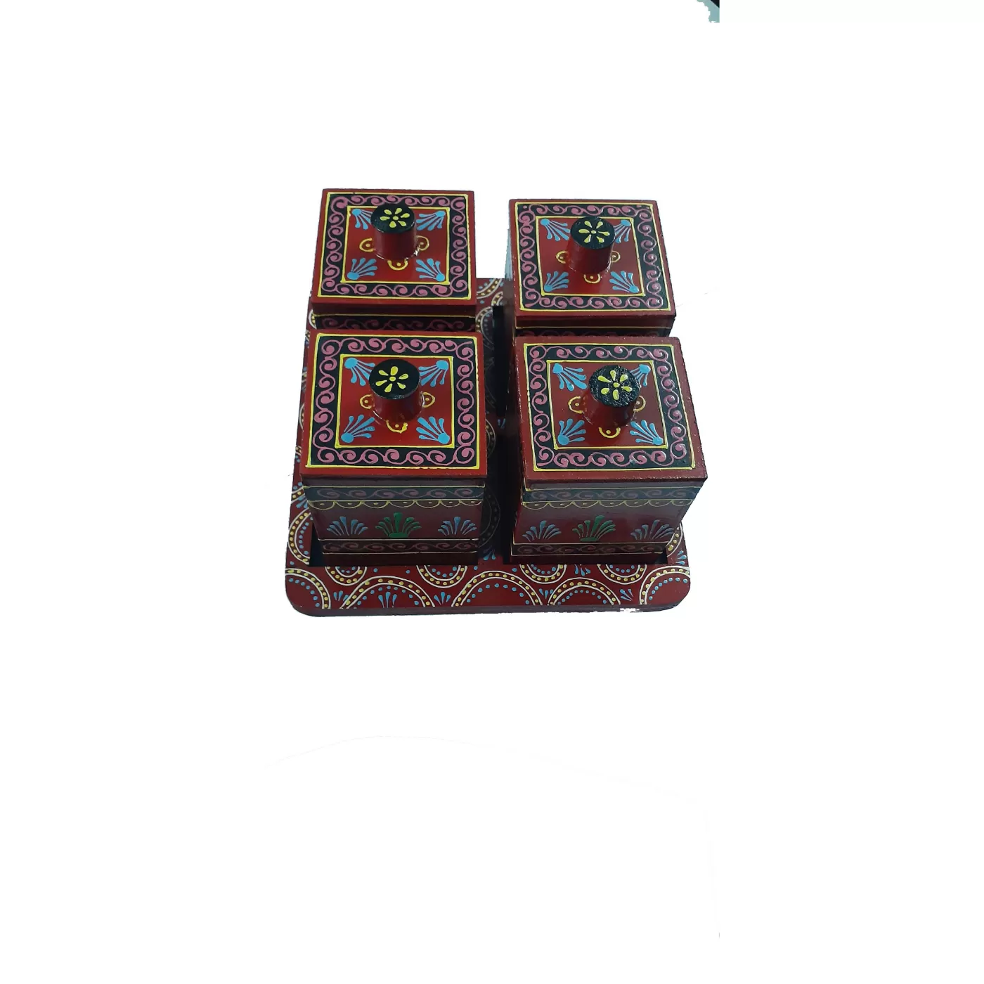 Multicolor Hand painted Aluminium Tea Kettle Set With 8 Glasses and Wooden dry fruits box., 5 image