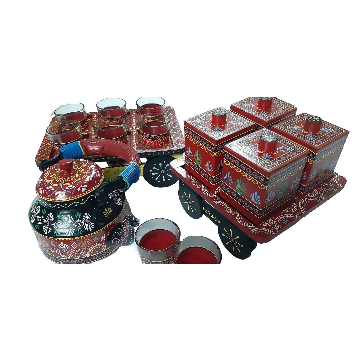 Multicolor Hand painted Aluminium Tea Kettle Set With 8 Glasses and Wooden dry fruits box., 2 image