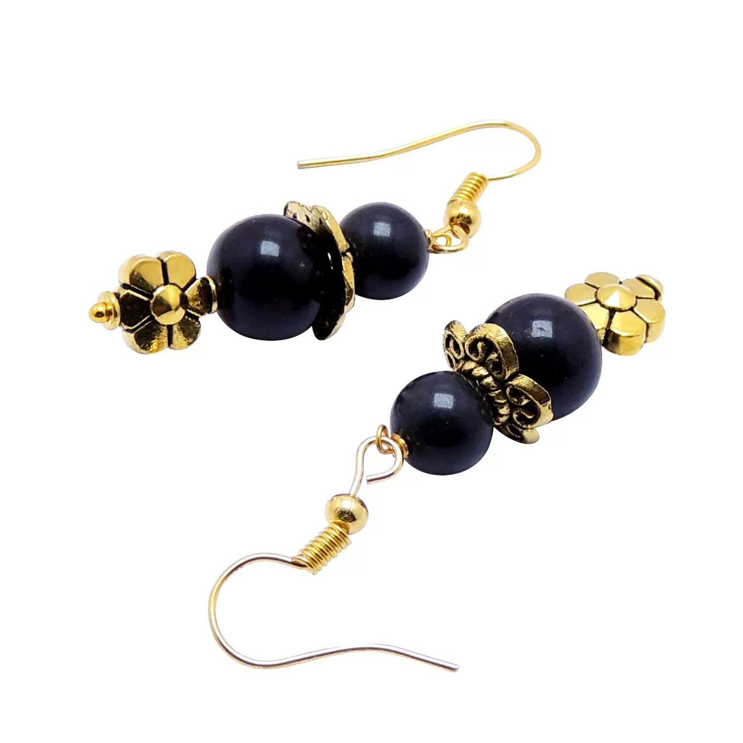 Stone Black Agate Bead Flower earring, Color- Golden, For Men & Women (Pack of 1 Pc.), 2 image