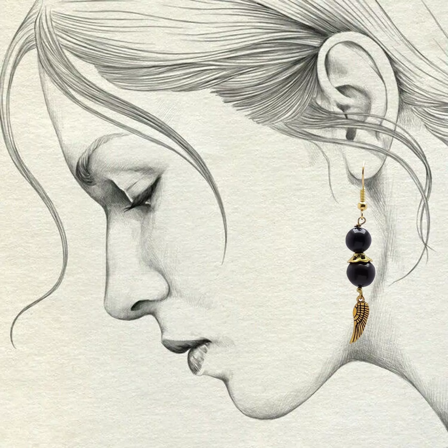 Stone Black Agate Bead Fin earring, Color- Golden, For Men & Women (Pack of 1 Pc.), 4 image