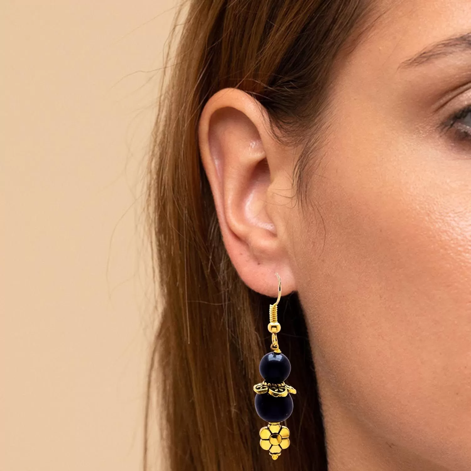 Stone Black Agate Bead Flower earring, Color- Golden, For Men & Women (Pack of 1 Pc.), 3 image