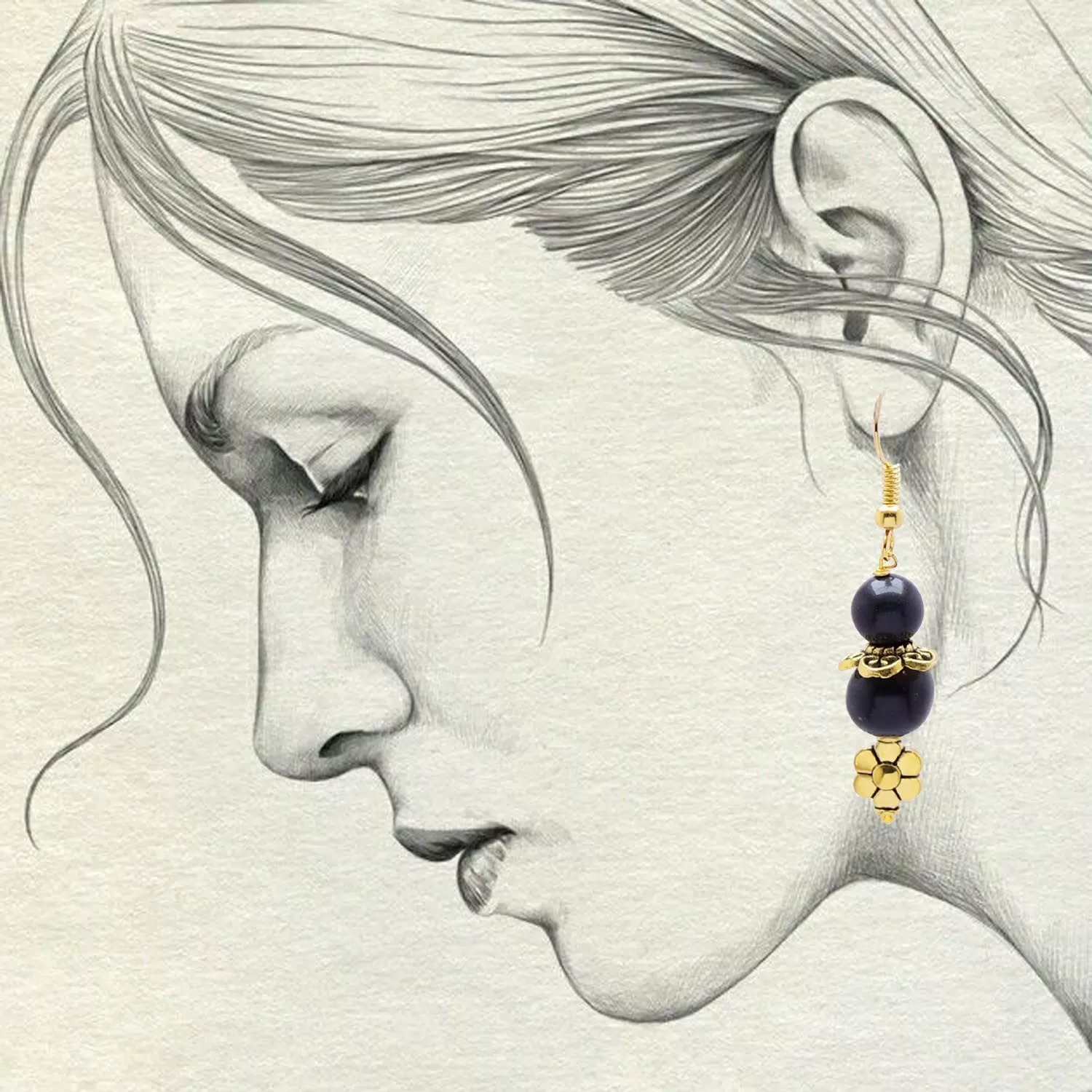 Stone Black Agate Bead Flower earring, Color- Golden, For Men & Women (Pack of 1 Pc.), 4 image