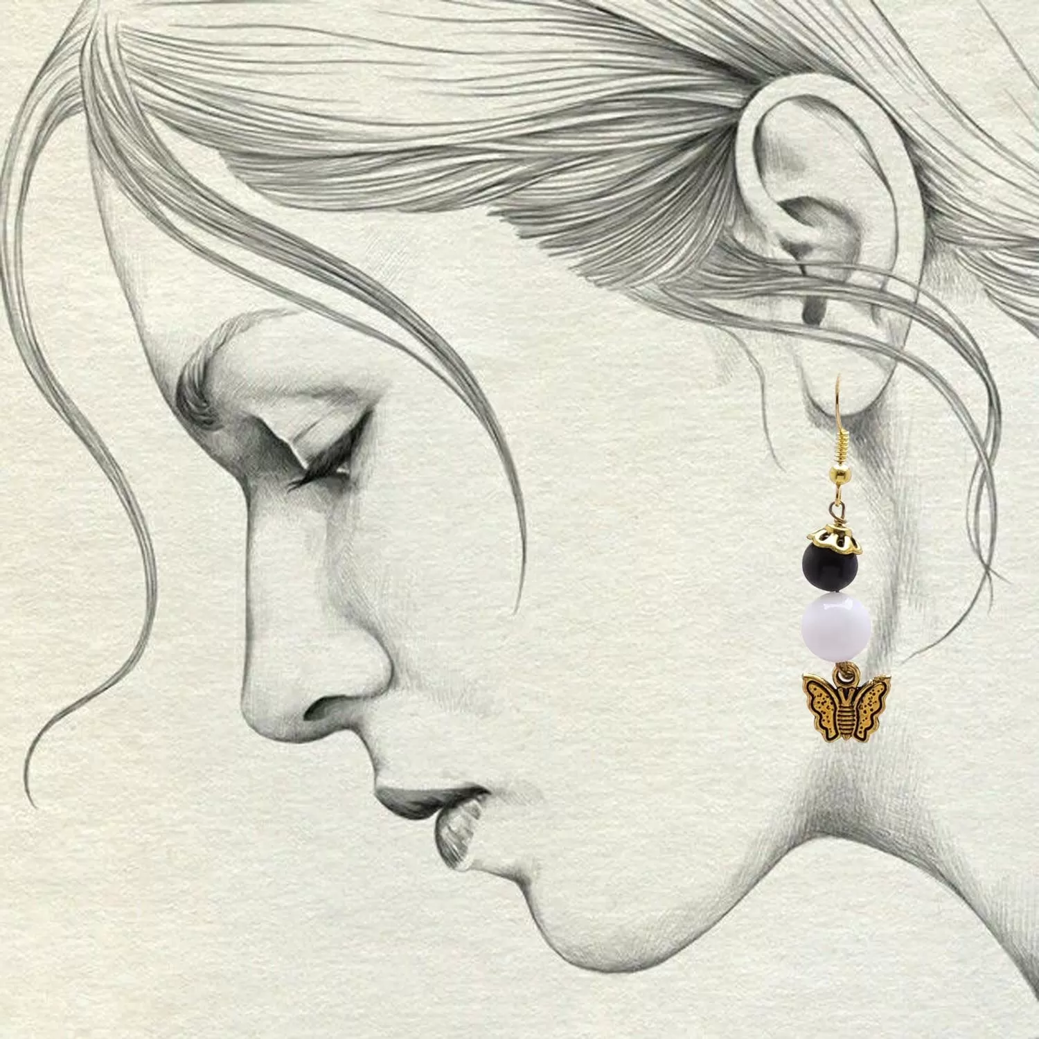 Stone Black Agate Bead Butterfly earring, Color- Golden/White, For Men & Women (Pack of 1 Pc.), 4 image