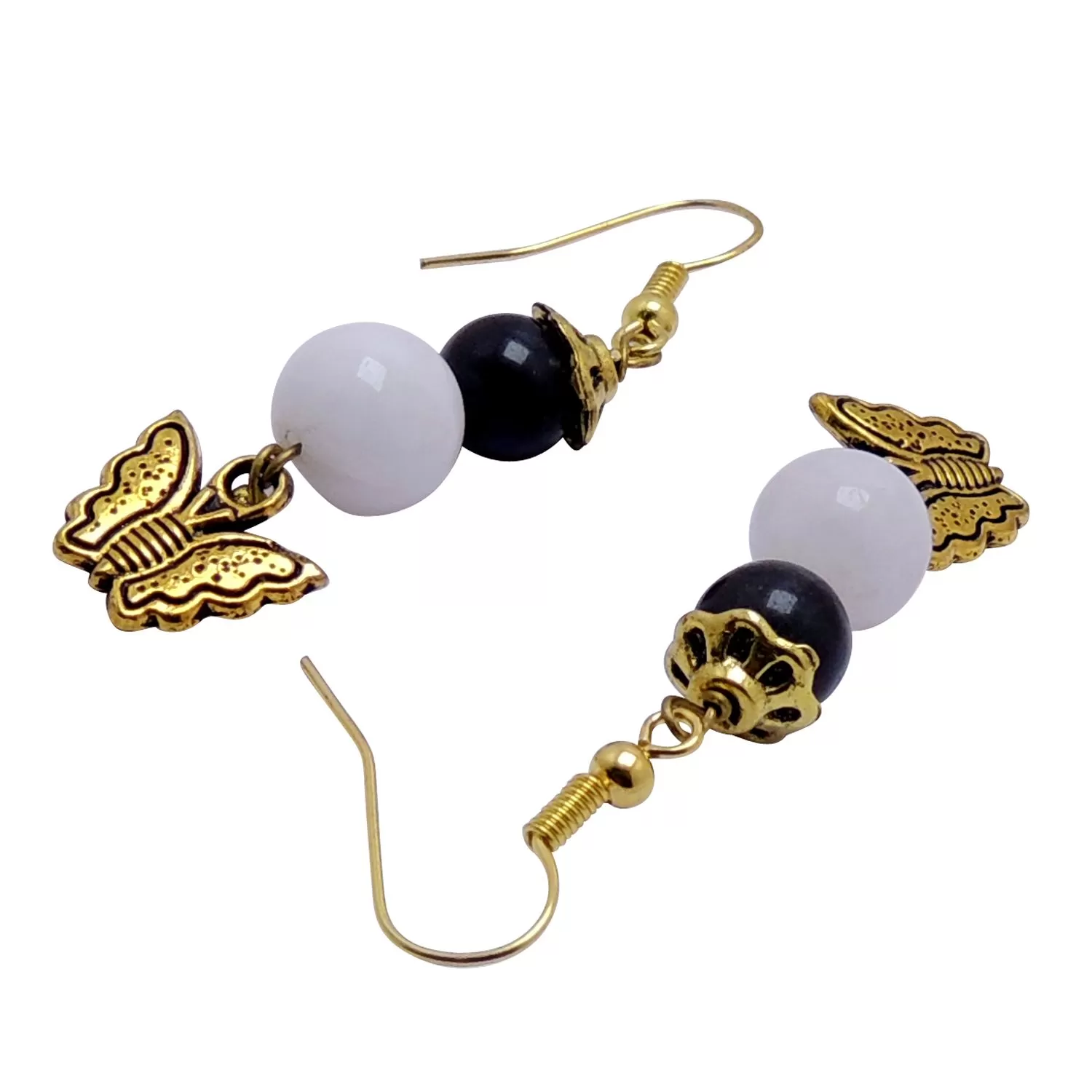 Stone Black Agate Bead Butterfly earring, Color- Golden/White, For Men & Women (Pack of 1 Pc.), 2 image