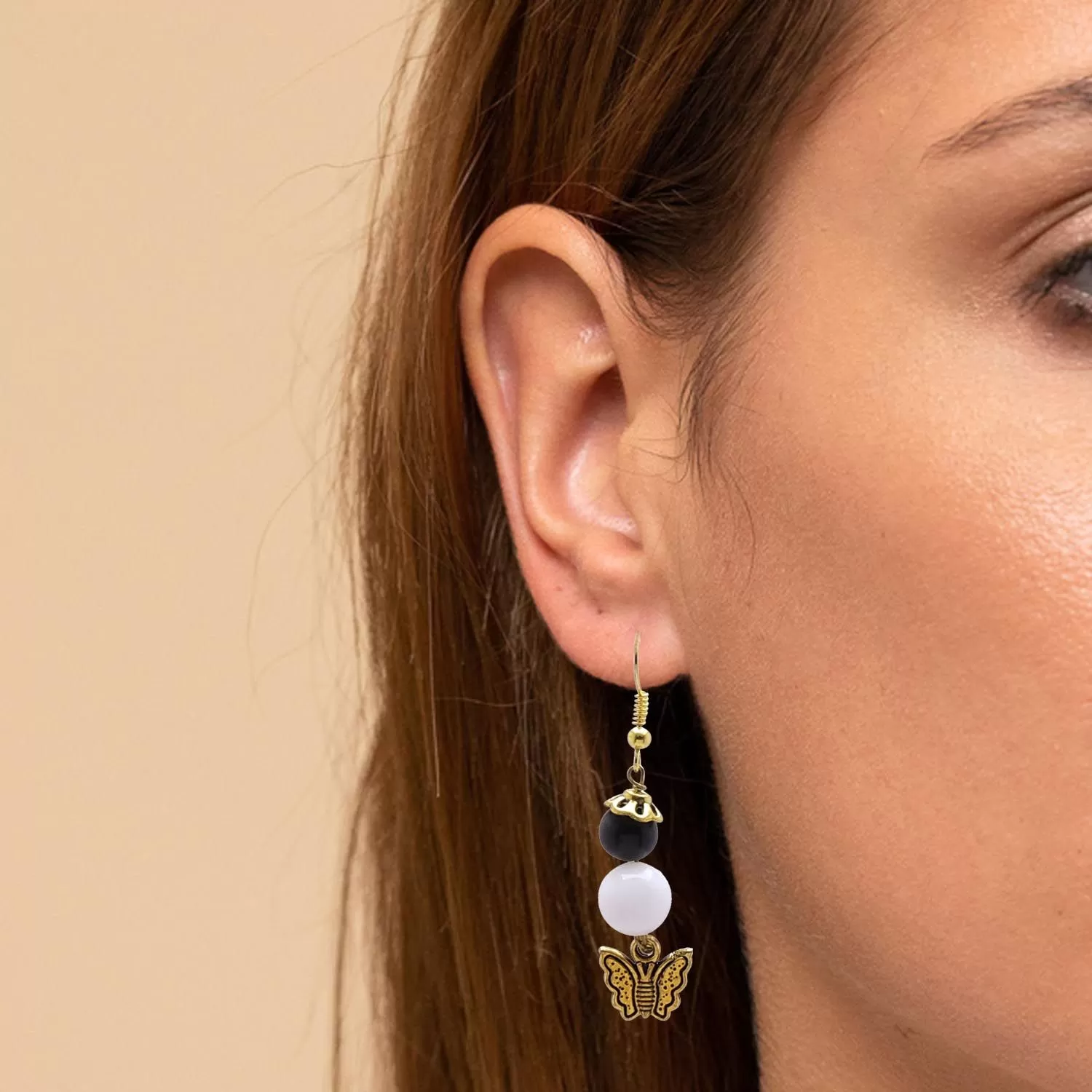 Stone Black Agate Bead Butterfly earring, Color- Golden/White, For Men & Women (Pack of 1 Pc.), 3 image