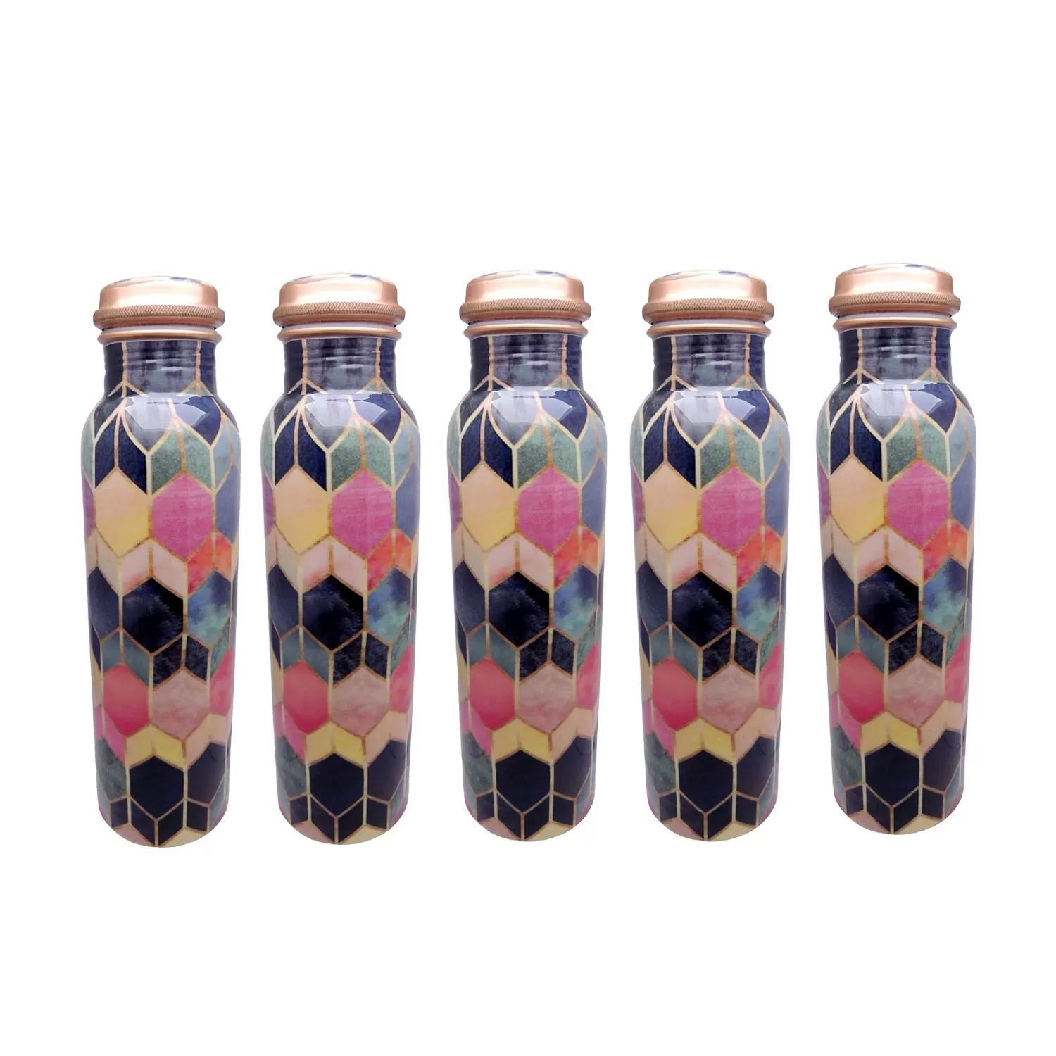 Leak Proof Pure Copper Colourful Hexagon Sticker Bottles for Water 1 Litre for Travelling, 2 image