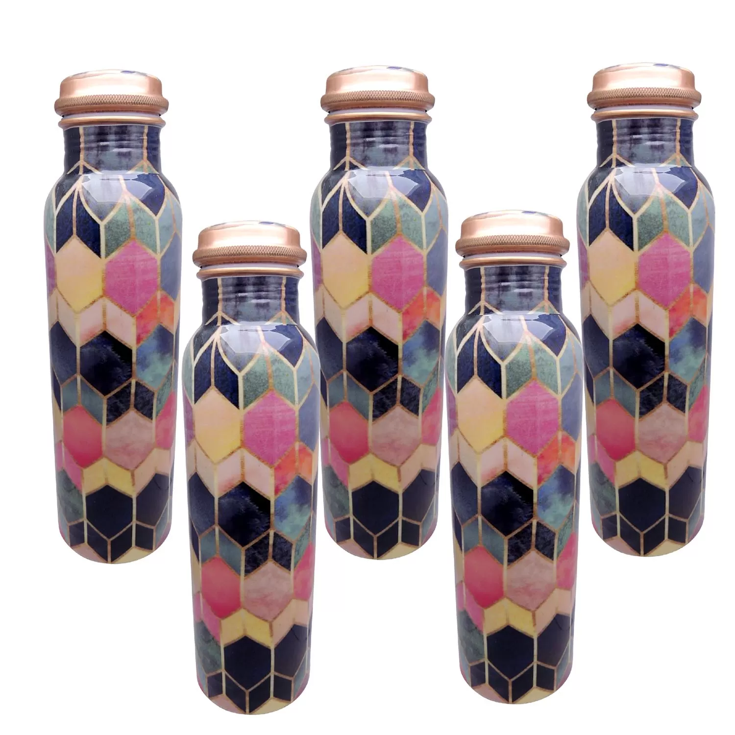 Leak Proof Pure Copper Colourful Hexagon Sticker Bottles for Water 1 Litre for Travelling, 3 image