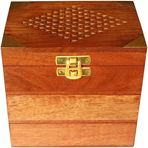Handicrafts Wooden Jewellery Box for Women | Jewel Organizer Box Hand Carved Carvings Small Box (5.5 X 3.5 X 3.5 inches) Gift Items