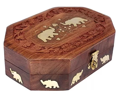 Handmade Wooden Jewellery Box for Women Jewel Organizer Elephant DÃ©cor 17 x 12X 5 cm