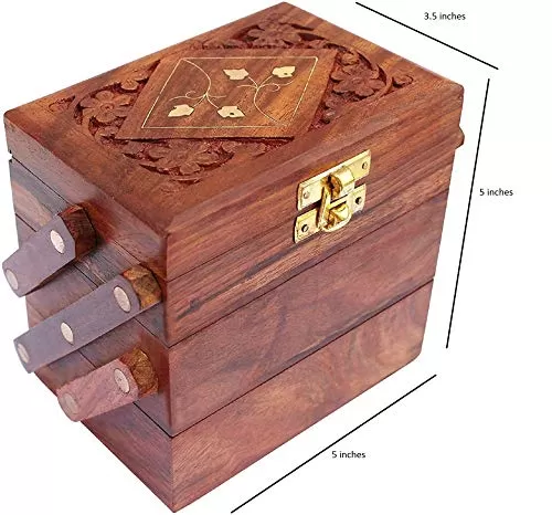 Handicrafts Wooden Jewellery Box for Women | Jewel Organizer Box Hand Carved Carvings (5 X3.5 X3.5 inches) Gift Items, 6 image