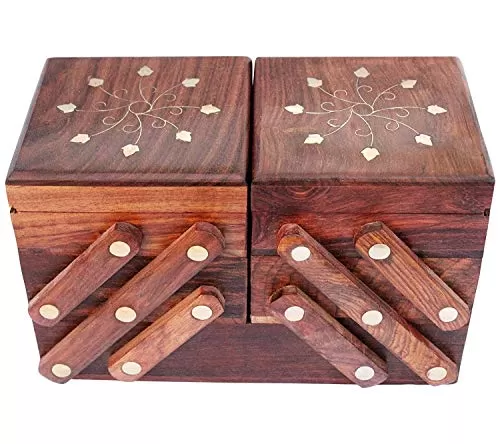 Handmade Wooden Jewellery Box for Women Jewel Organizer Brass Inlay(5 in 1) Gift Items, 2 image