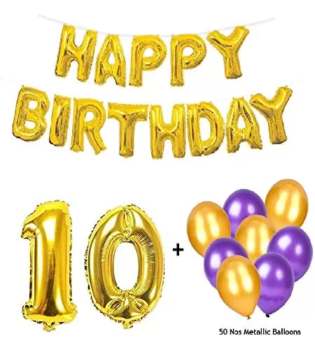 Number 10 Gold Foil Balloon & Happy Brthday Banner