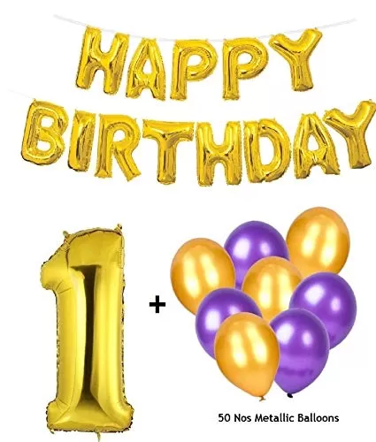 Number 1 Gold Foil Balloon and 50 Nos Purple and Gold Color Latex Balloon and Happy Brthday Gold Foil Balloon Combo