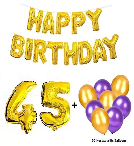 Number 45 Gold Foil Balloon and 50 Nos Purple and Gold Color Latex Balloon and Happy Brthday Gold Foil Balloon Combo