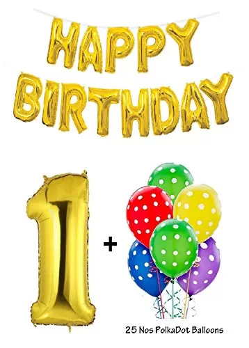 Number 1 Gold Foil Balloon and 25 Nos Polka Dotted Multi Coloured Latex Balloon and Happy Brthday Gold Foil Balloon Combo