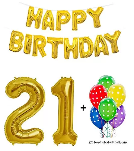 Number 21 Gold Foil Balloon and 25 Nos Polka Dotted Multi Coloured Latex Balloon and Happy Brthday Gold Foil Balloon Combo