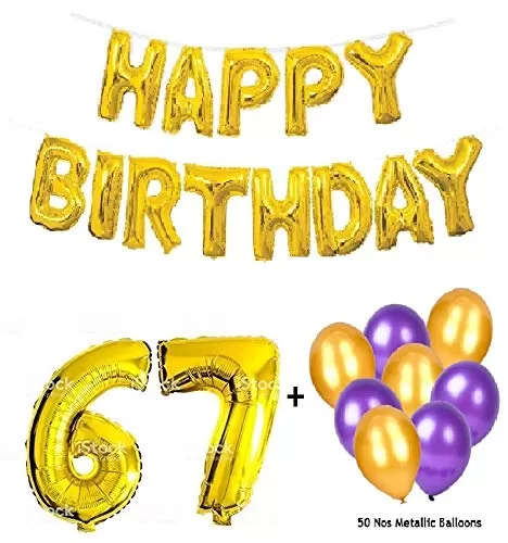 Number 67 Gold Foil Balloon and 50 Nos Purple and Gold Color Latex Balloon and Happy Brthday Gold Foil Balloon Combo