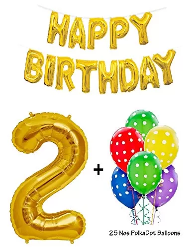 Number 2 Gold Foil Balloon and 25 Nos Polka Dotted Multi Coloured Latex Balloon and Happy Brthday Gold Foil Balloon Combo