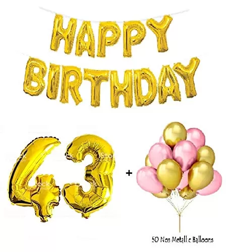 Number 43 Gold Foil Balloon and 50 Nos Pink and Gold Color Latex Balloon and Happy Brthday Gold Foil Balloon Combo