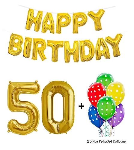 Number 50 Gold Foil Balloon and 25 Nos Polka Dotted Multi Coloured Latex Balloon and Happy Brthday Gold Foil Balloon Combo